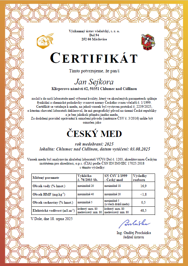 Certifikát ČESKÝ MED 2025